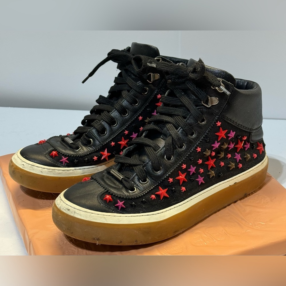 Jimmy Choo Black Star Studded Olympic Mix Argyle High Top Sneaker Unisex 40